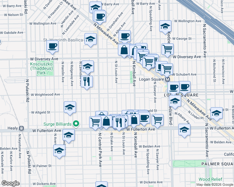 map of restaurants, bars, coffee shops, grocery stores, and more near N St Louis Ave & W Wrightwood Ave in Chicago