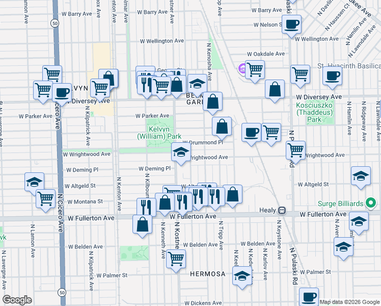 map of restaurants, bars, coffee shops, grocery stores, and more near 4316 West Wrightwood Avenue in Chicago