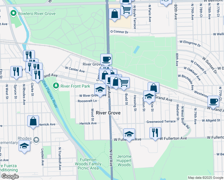 map of restaurants, bars, coffee shops, grocery stores, and more near 2647 Thatcher Avenue in River Grove