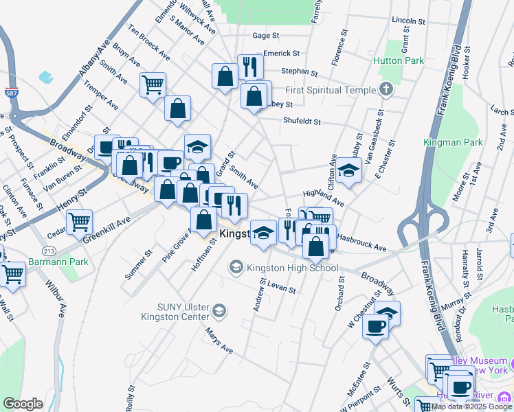 map of restaurants, bars, coffee shops, grocery stores, and more near 440 Hasbrouck Avenue in Kingston