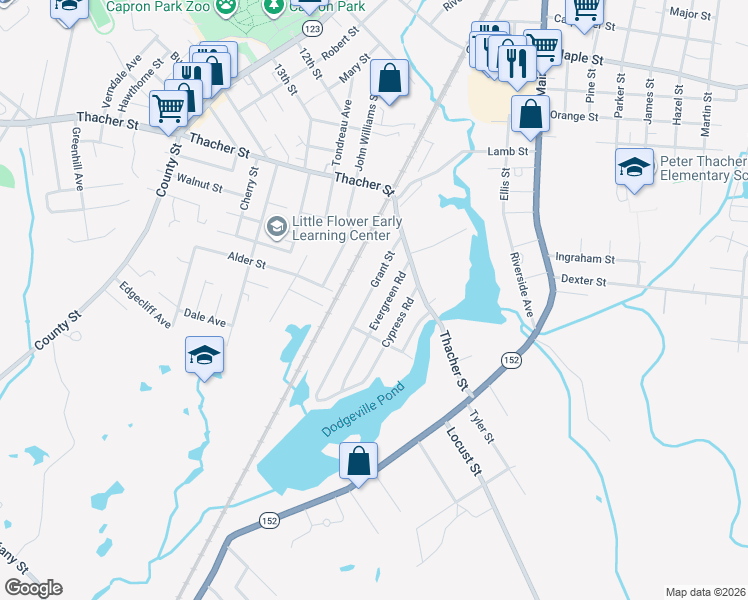 map of restaurants, bars, coffee shops, grocery stores, and more near 43 Evergreen Road in Attleboro