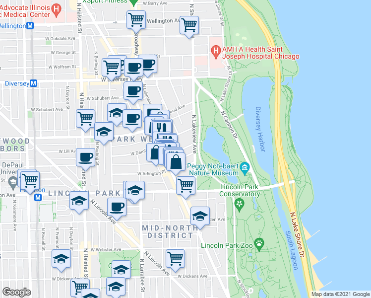 map of restaurants, bars, coffee shops, grocery stores, and more near 439 West Saint James Place in Chicago