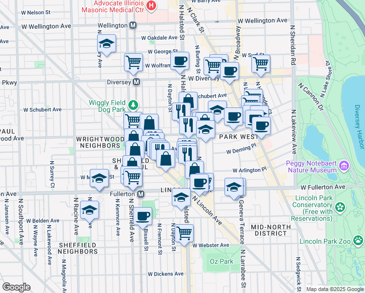 map of restaurants, bars, coffee shops, grocery stores, and more near 815 West Lill Avenue in Chicago