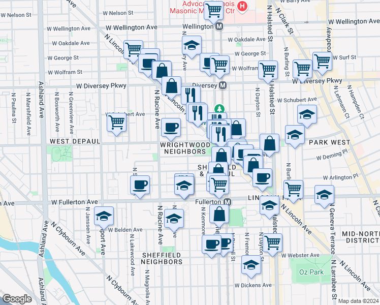 map of restaurants, bars, coffee shops, grocery stores, and more near 1043 West Lill Avenue in Chicago