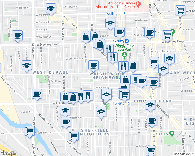 map of restaurants, bars, coffee shops, grocery stores, and more near 1156 West Lill Avenue in Chicago