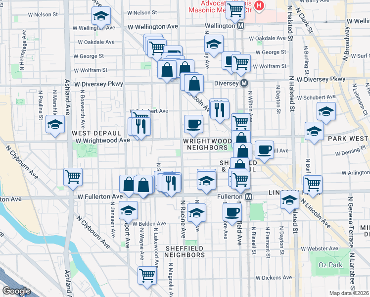map of restaurants, bars, coffee shops, grocery stores, and more near 1156 West Lill Avenue in Chicago