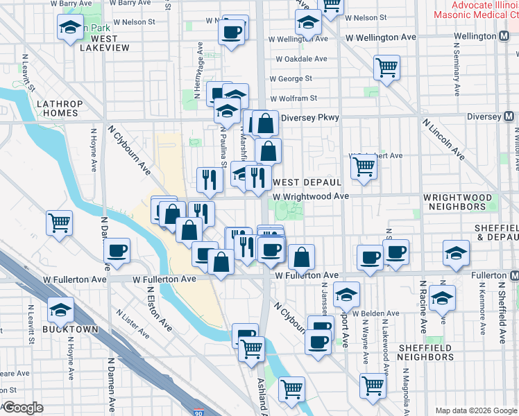 map of restaurants, bars, coffee shops, grocery stores, and more near 2537 North Marshfield Avenue in Chicago
