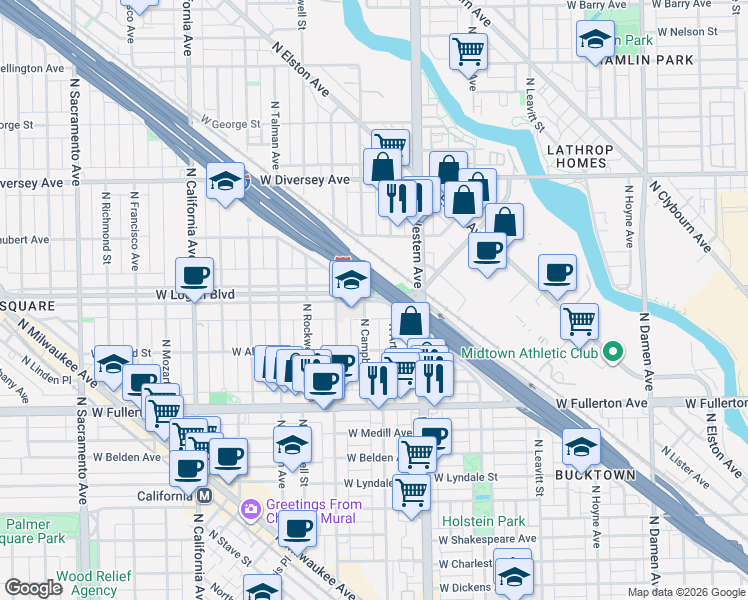 map of restaurants, bars, coffee shops, grocery stores, and more near 2459 West Logan Boulevard in Chicago