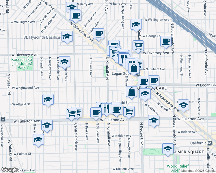 map of restaurants, bars, coffee shops, grocery stores, and more near 2550 North Kimball Avenue in Chicago