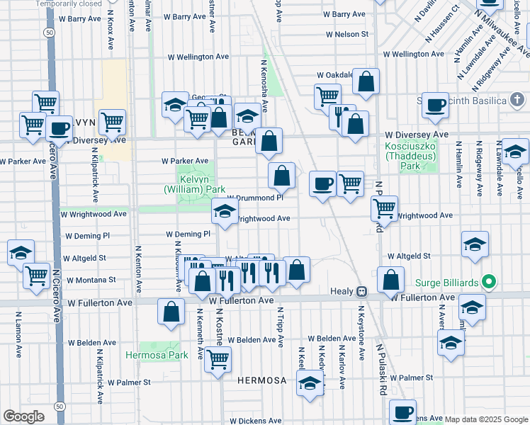 map of restaurants, bars, coffee shops, grocery stores, and more near 4240 West Wrightwood Avenue in Chicago