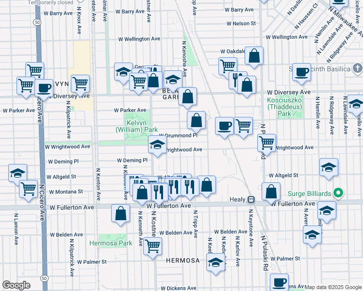 map of restaurants, bars, coffee shops, grocery stores, and more near 4240 West Wrightwood Avenue in Chicago