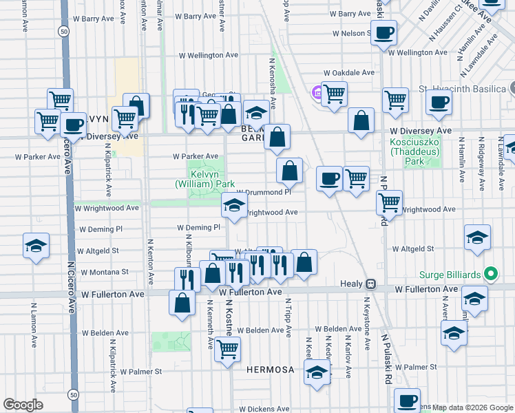 map of restaurants, bars, coffee shops, grocery stores, and more near 4316 West Wrightwood Avenue in Chicago