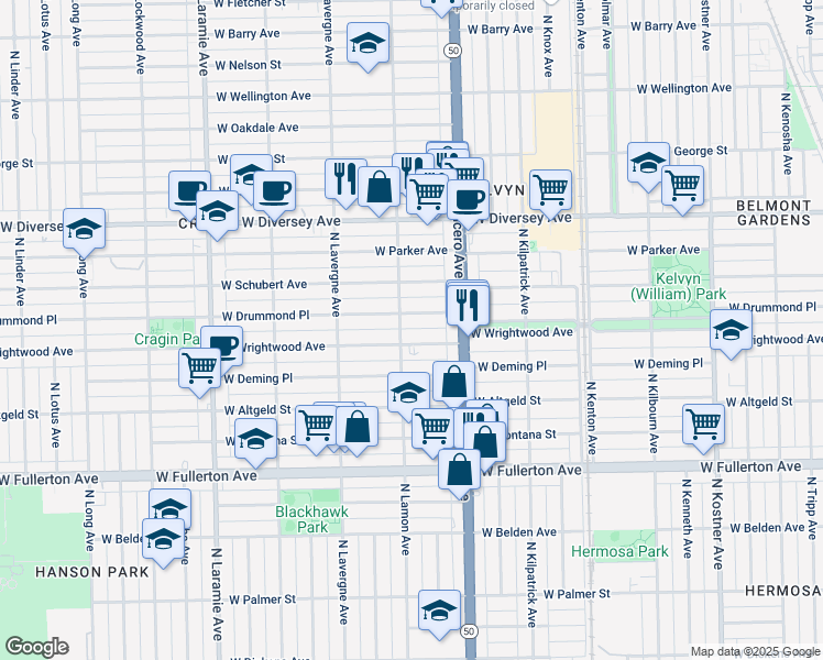 map of restaurants, bars, coffee shops, grocery stores, and more near 4846 West Wrightwood Avenue in Chicago