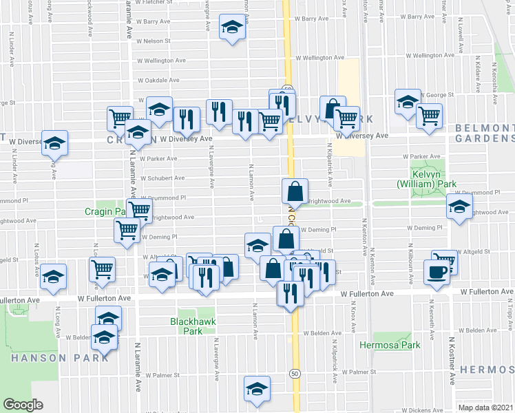 map of restaurants, bars, coffee shops, grocery stores, and more near 4846 West Wrightwood Avenue in Chicago