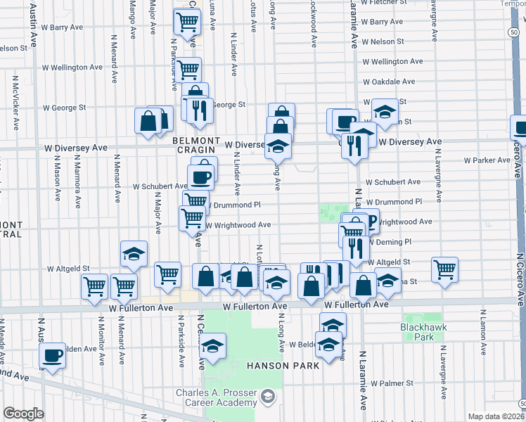 map of restaurants, bars, coffee shops, grocery stores, and more near 5416 West Wrightwood Avenue in Chicago
