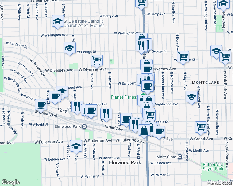 map of restaurants, bars, coffee shops, grocery stores, and more near 2623 North 73rd Court in Elmwood Park