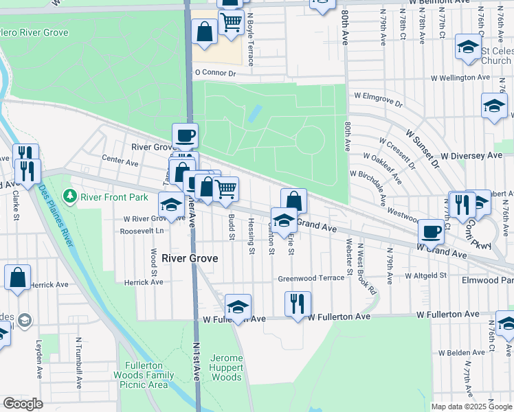 map of restaurants, bars, coffee shops, grocery stores, and more near in River Grove