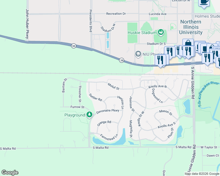 map of restaurants, bars, coffee shops, grocery stores, and more near 1526 Moluf Street in DeKalb