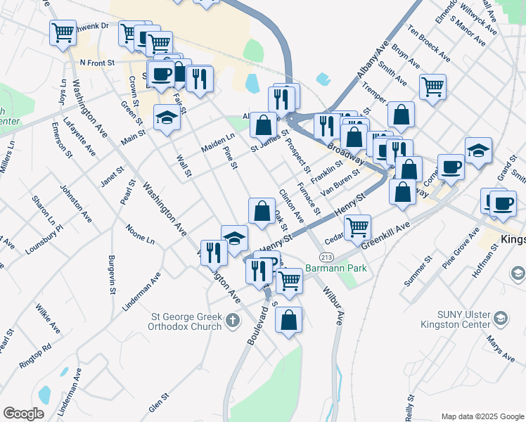 map of restaurants, bars, coffee shops, grocery stores, and more near 128 Franklin Street in Kingston