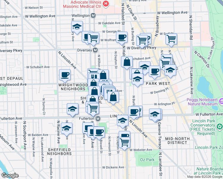 map of restaurants, bars, coffee shops, grocery stores, and more near 848 West Lill Avenue in Chicago