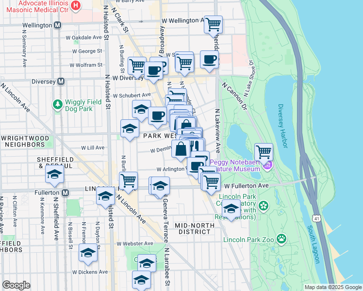 map of restaurants, bars, coffee shops, grocery stores, and more near 2504 North Clark Street in Chicago
