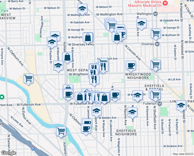 map of restaurants, bars, coffee shops, grocery stores, and more near 2543 North Southport Avenue in Chicago