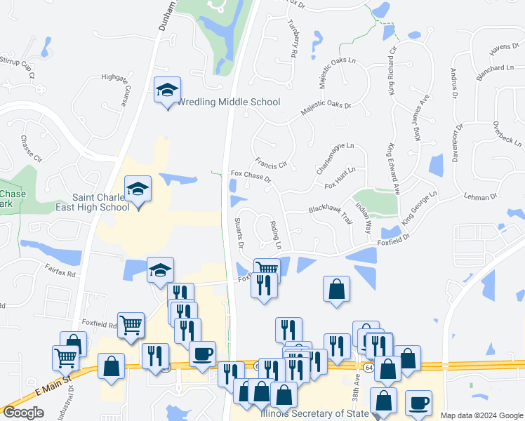 map of restaurants, bars, coffee shops, grocery stores, and more near 898 Riding Lane in St. Charles