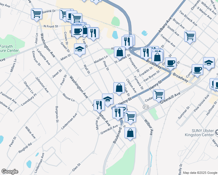 map of restaurants, bars, coffee shops, grocery stores, and more near 110 Fair Street in Kingston