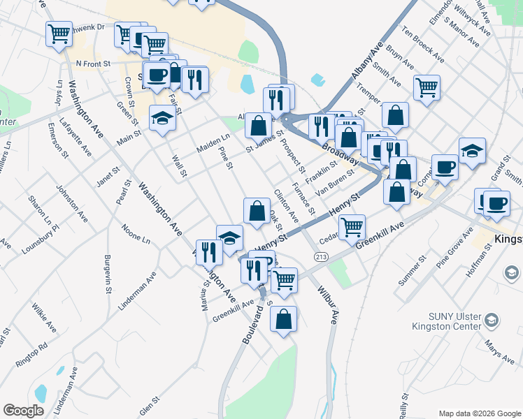 map of restaurants, bars, coffee shops, grocery stores, and more near 128 Franklin Street in Kingston