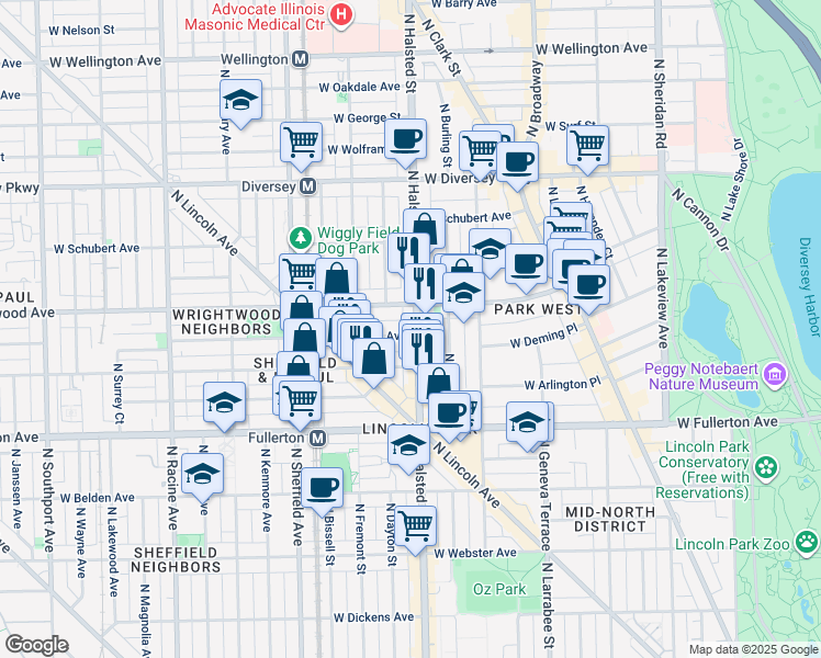 map of restaurants, bars, coffee shops, grocery stores, and more near 800 West Lill Avenue in Chicago