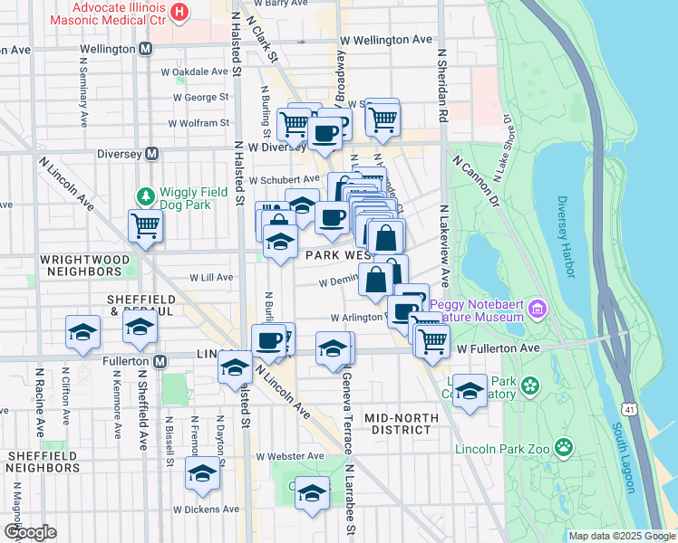 map of restaurants, bars, coffee shops, grocery stores, and more near 618 West Deming Place in Chicago