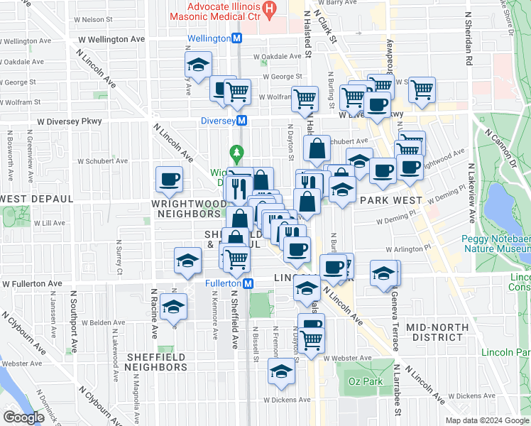 map of restaurants, bars, coffee shops, grocery stores, and more near 872 West Lill Avenue in Chicago