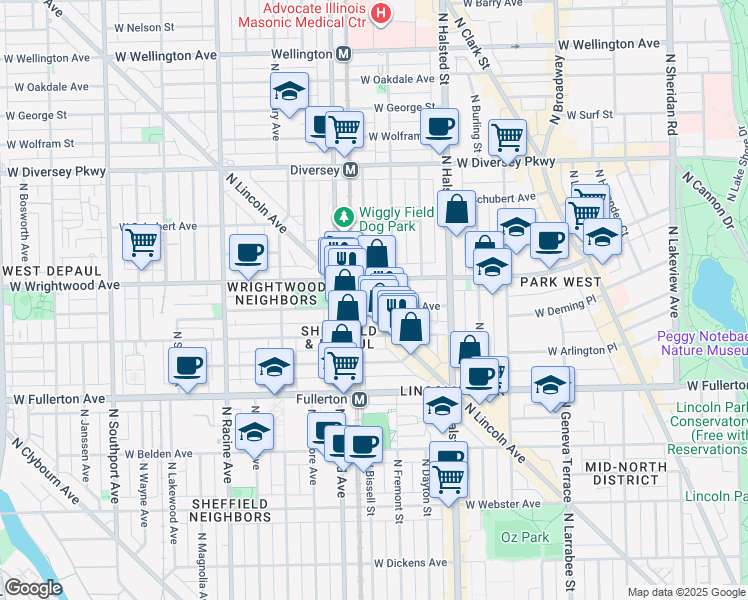 map of restaurants, bars, coffee shops, grocery stores, and more near 888 West Lill Avenue in Chicago