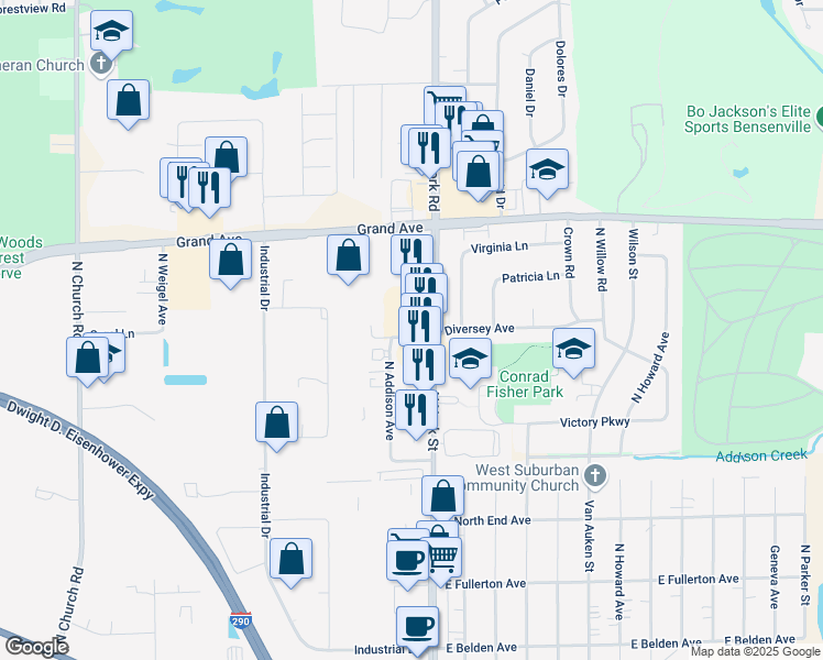 map of restaurants, bars, coffee shops, grocery stores, and more near 137 West Diversey Avenue in Elmhurst