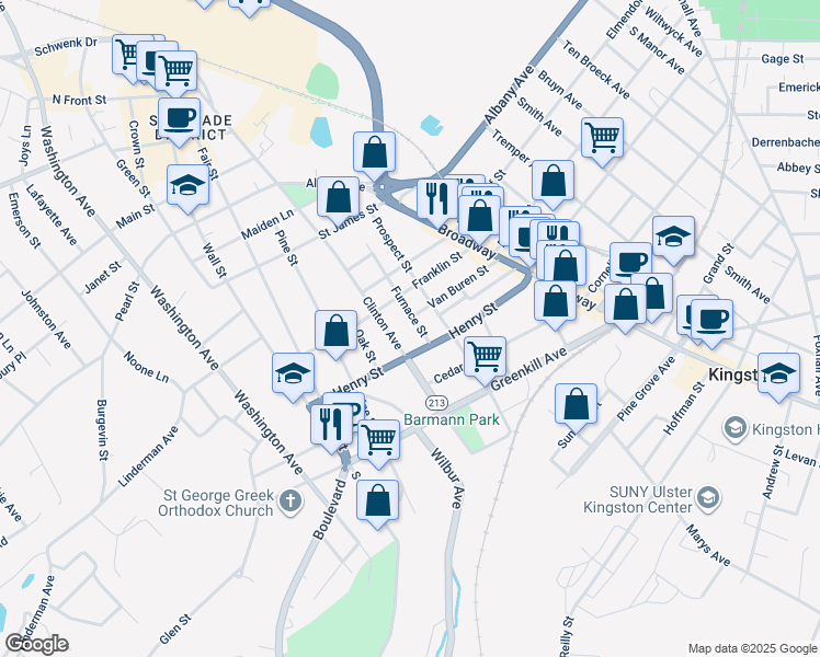 map of restaurants, bars, coffee shops, grocery stores, and more near 117 Henry Street in Kingston