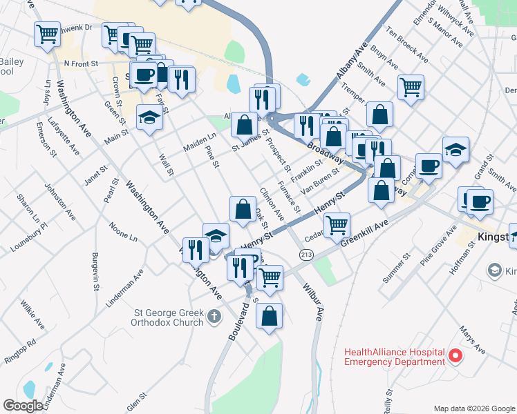 map of restaurants, bars, coffee shops, grocery stores, and more near 128 Franklin Street in Kingston