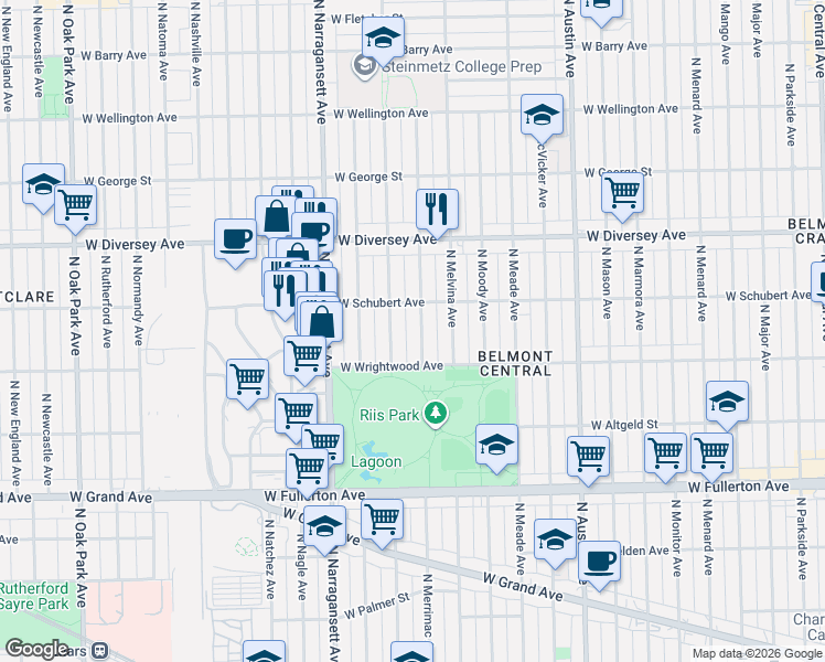 map of restaurants, bars, coffee shops, grocery stores, and more near 2617 North Mobile Avenue in Chicago