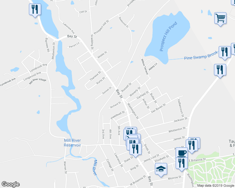 map of restaurants, bars, coffee shops, grocery stores, and more near 642 Bay Street in Taunton