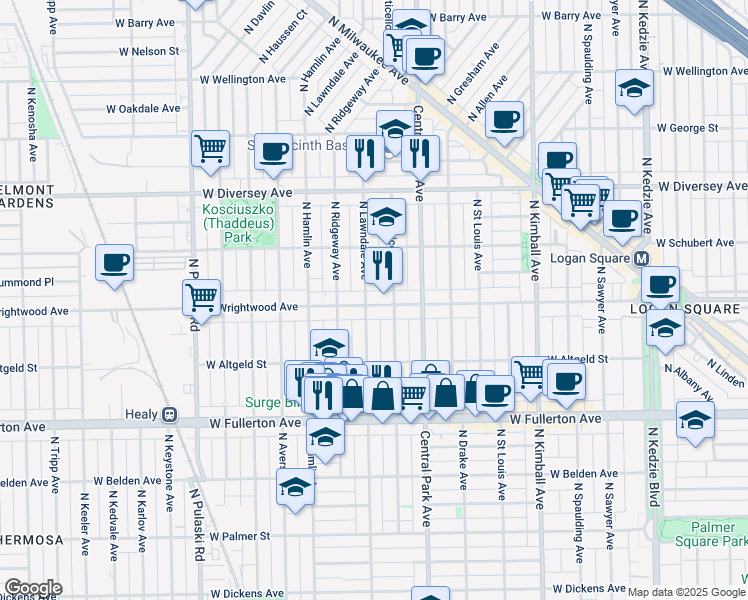 map of restaurants, bars, coffee shops, grocery stores, and more near in Chicago