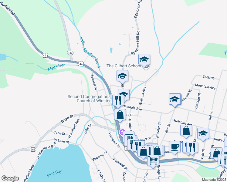 map of restaurants, bars, coffee shops, grocery stores, and more near 840 Main Street in Winsted