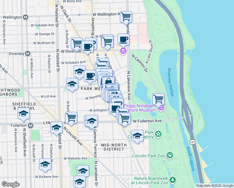 map of restaurants, bars, coffee shops, grocery stores, and more near 439 West Saint James Place in Chicago