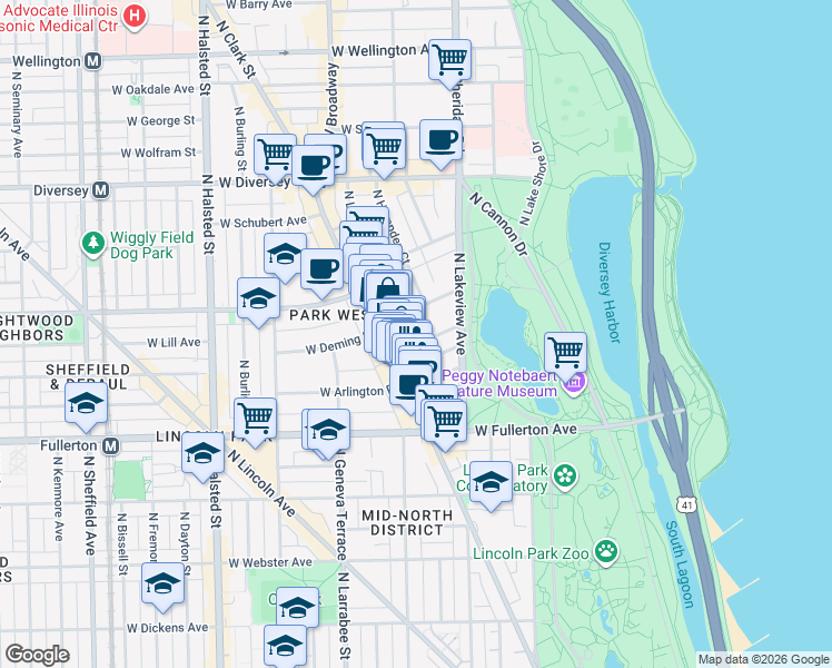 map of restaurants, bars, coffee shops, grocery stores, and more near 439 West Saint James Place in Chicago