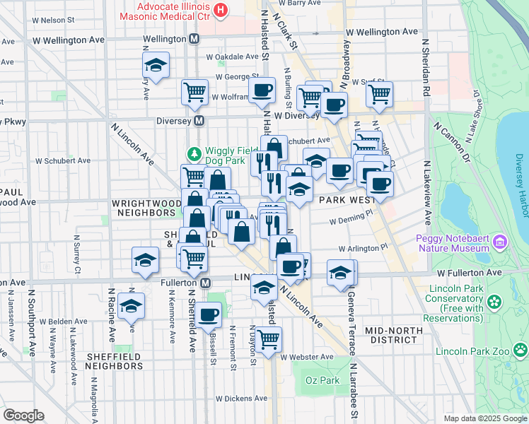 map of restaurants, bars, coffee shops, grocery stores, and more near 815 West Lill Avenue in Chicago