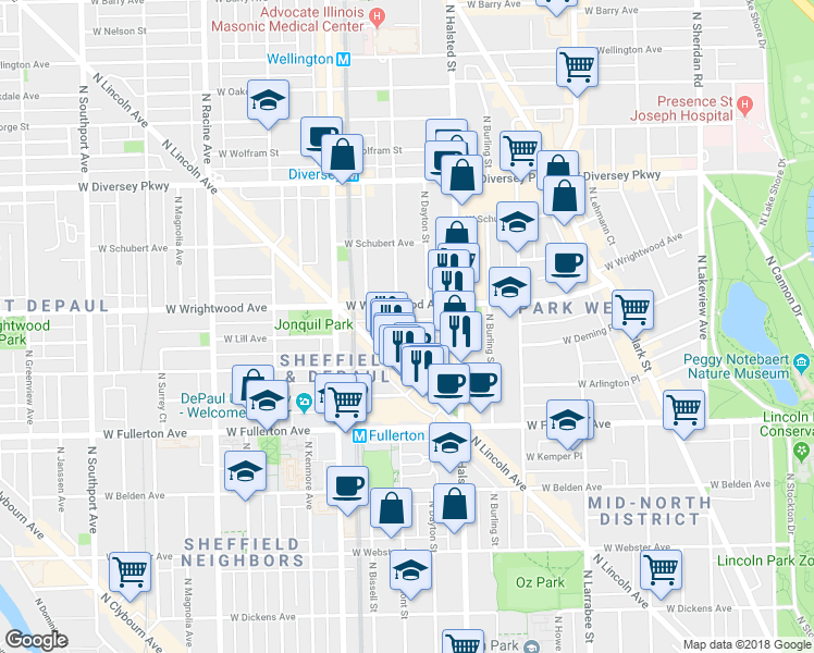 map of restaurants, bars, coffee shops, grocery stores, and more near 855 West Lill Avenue in Chicago