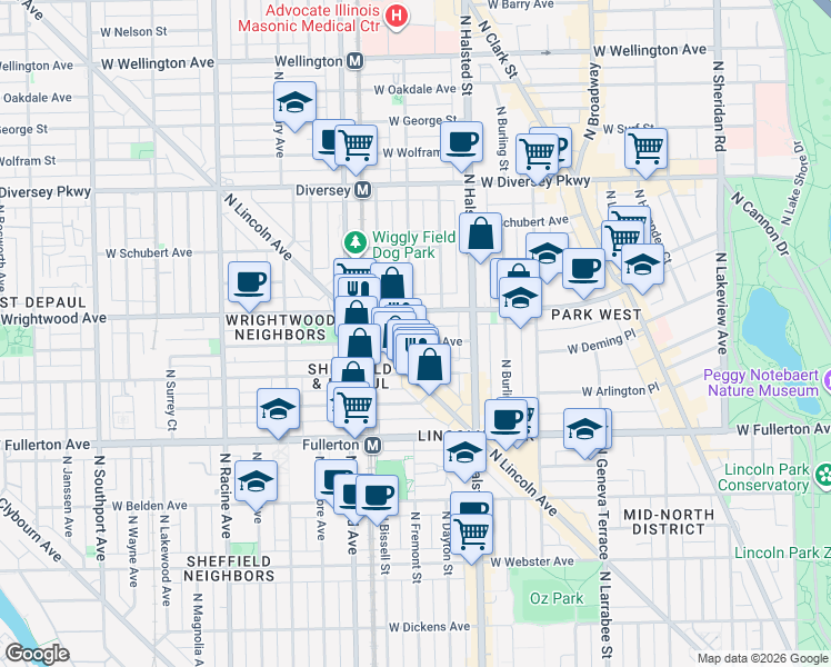map of restaurants, bars, coffee shops, grocery stores, and more near 855 West Lill Avenue in Chicago