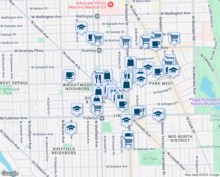 map of restaurants, bars, coffee shops, grocery stores, and more near 855 West Lill Avenue in Chicago