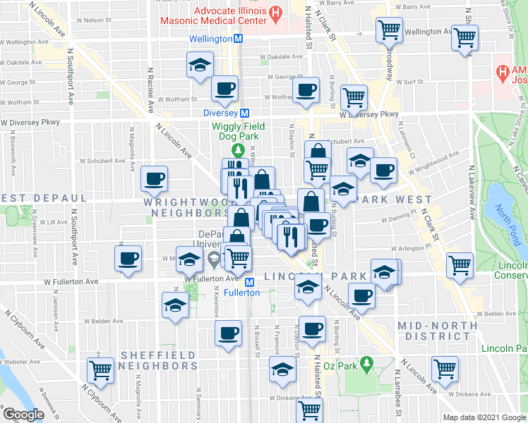 map of restaurants, bars, coffee shops, grocery stores, and more near in Chicago