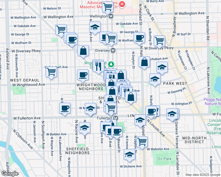 map of restaurants, bars, coffee shops, grocery stores, and more near 2518 North Sheffield Avenue in Chicago