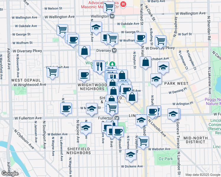 map of restaurants, bars, coffee shops, grocery stores, and more near 2518 North Sheffield Avenue in Chicago