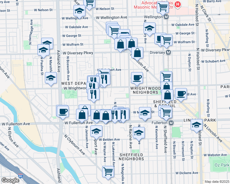 map of restaurants, bars, coffee shops, grocery stores, and more near 1236 West Lill Avenue in Chicago